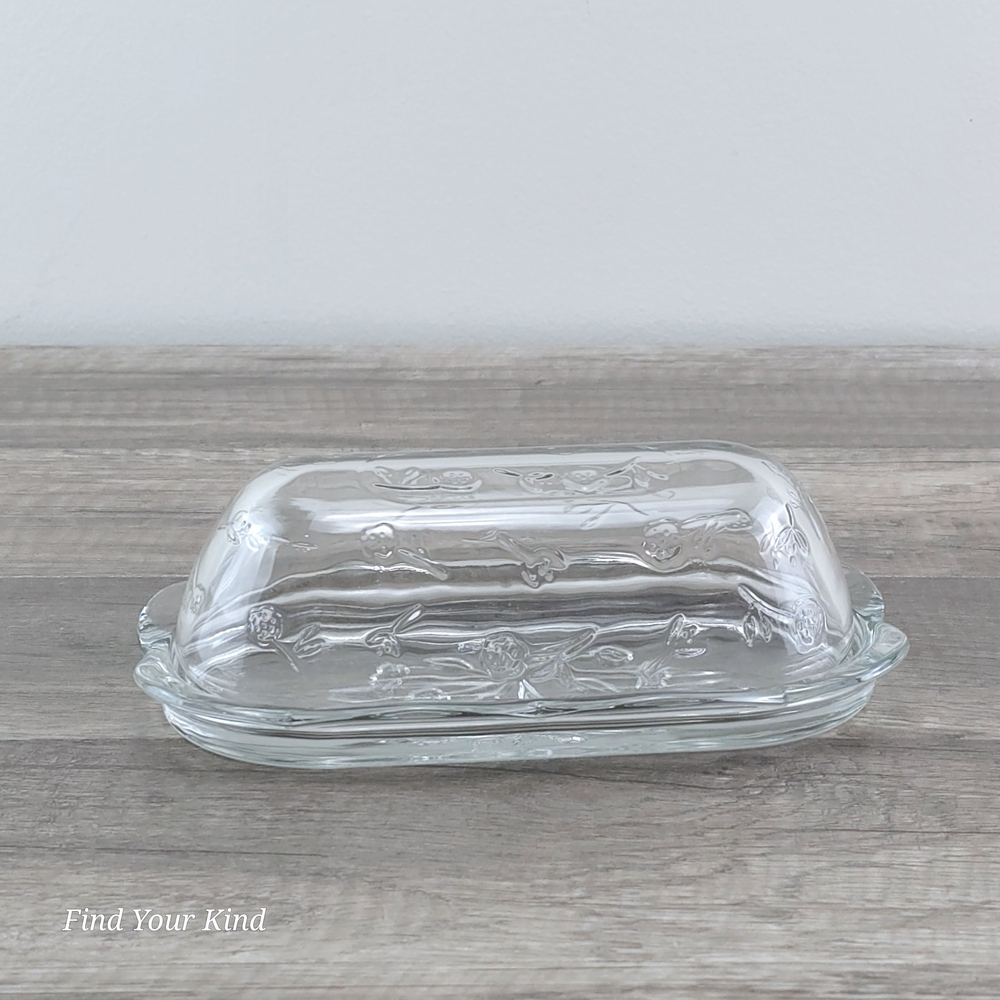 Anchor Hocking Covered Butter Dish Savannah floral pattern-vintage - kitchen-vtg
